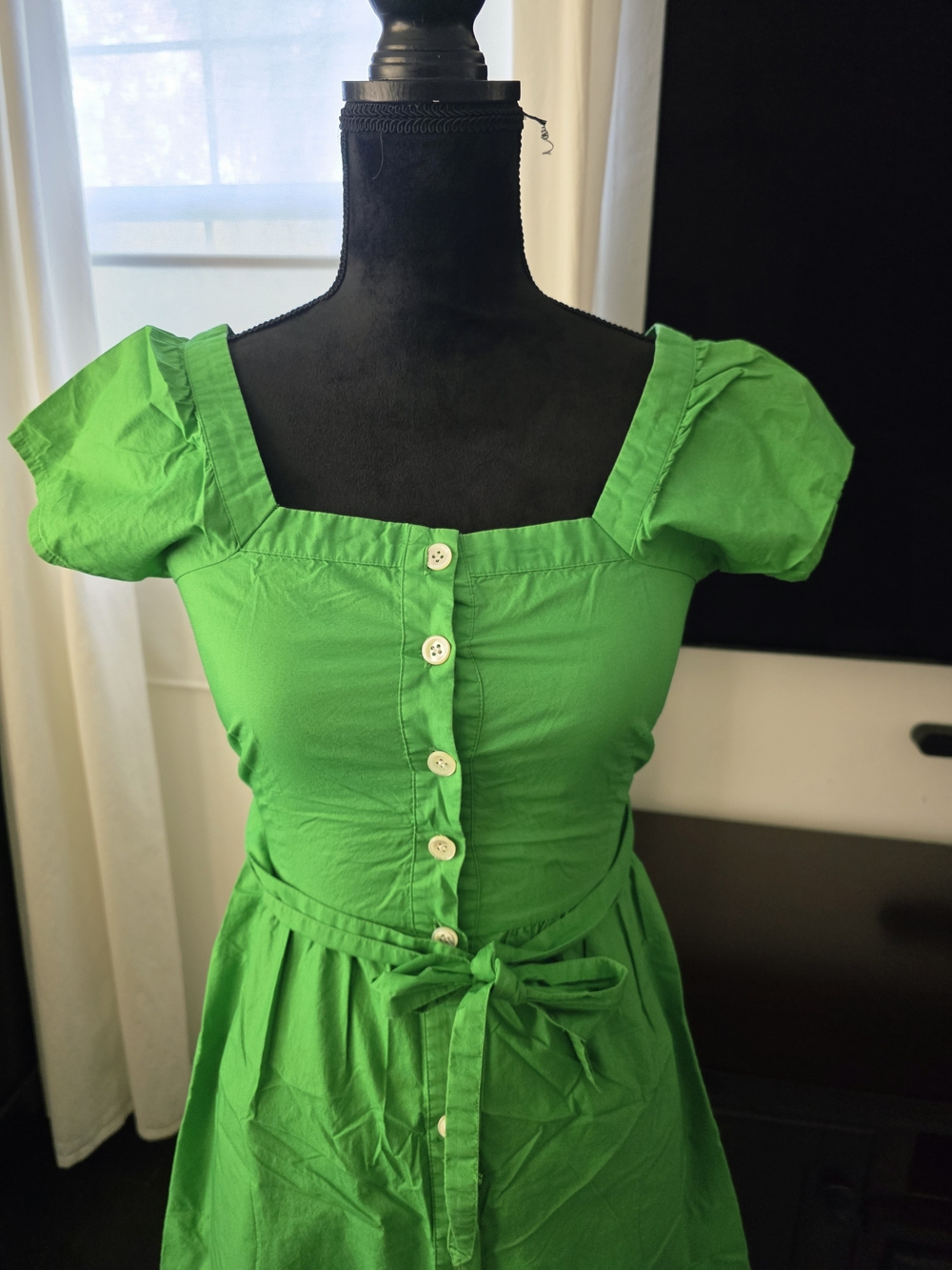 J. Crew Green Button-Front Square Neck Midi Dress with Tie Waist Size 00 - Picture 4 of 16
